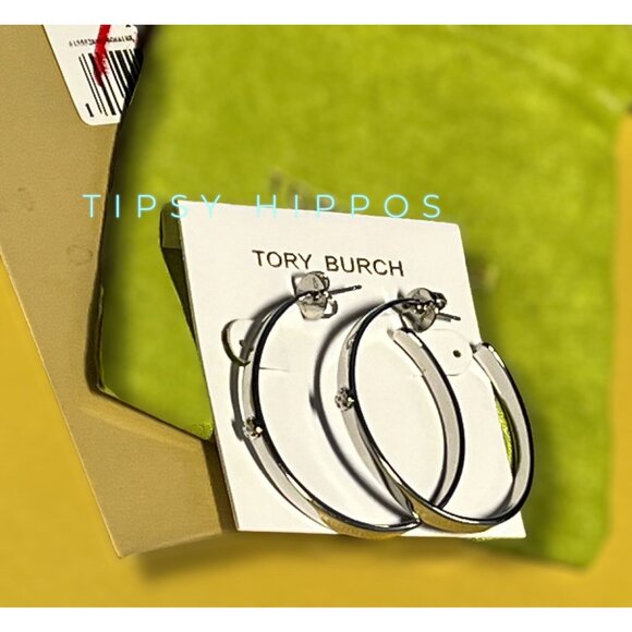Tory Burch Silver Hoop Earrings With Logo Studs - Shine Bright Like A Tory - Picture 4 of 5